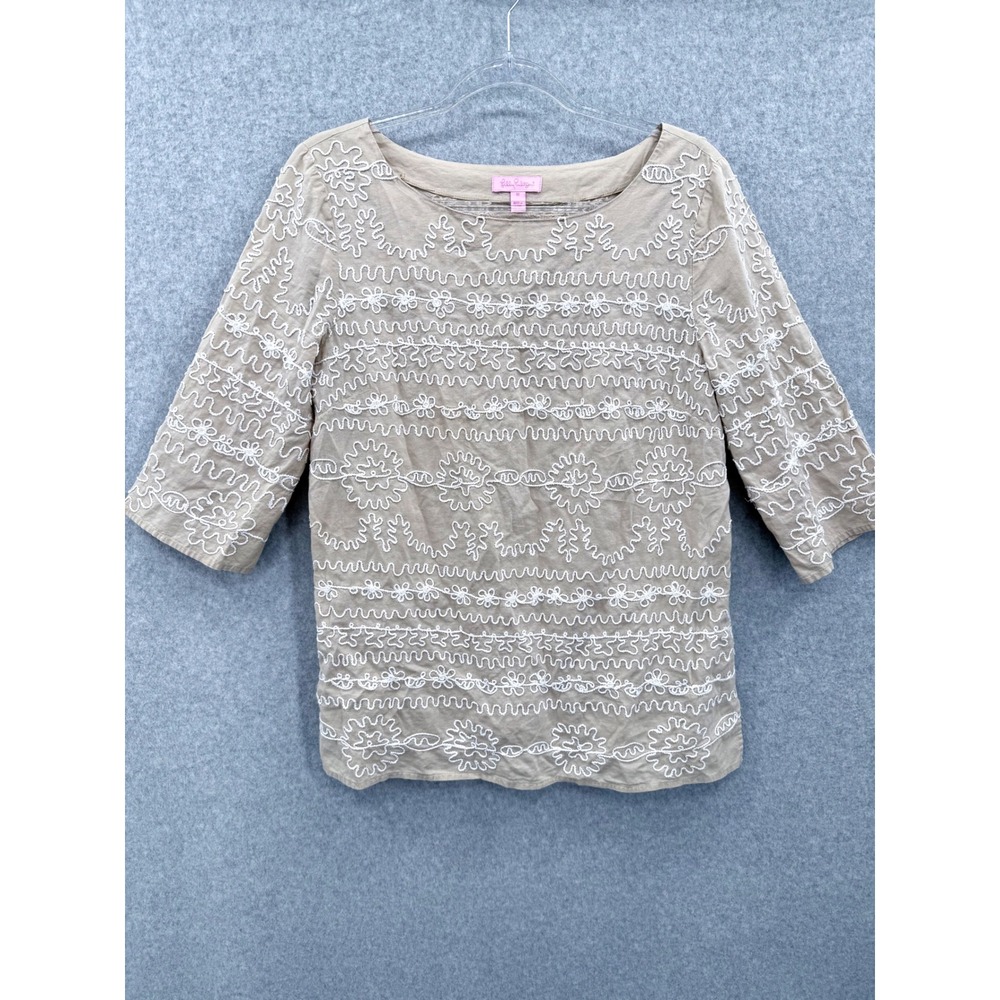 Lilly Pulitzer Yasmine Tunic Top Women 10 Tan Embroidered Cotton Popover Boho